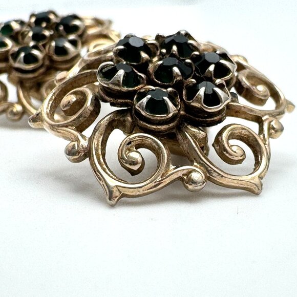 Vintage Gold-Tone Clip-On Earrings Greenish Black Rhinestones & Filigree Design - Picture 5 of 8